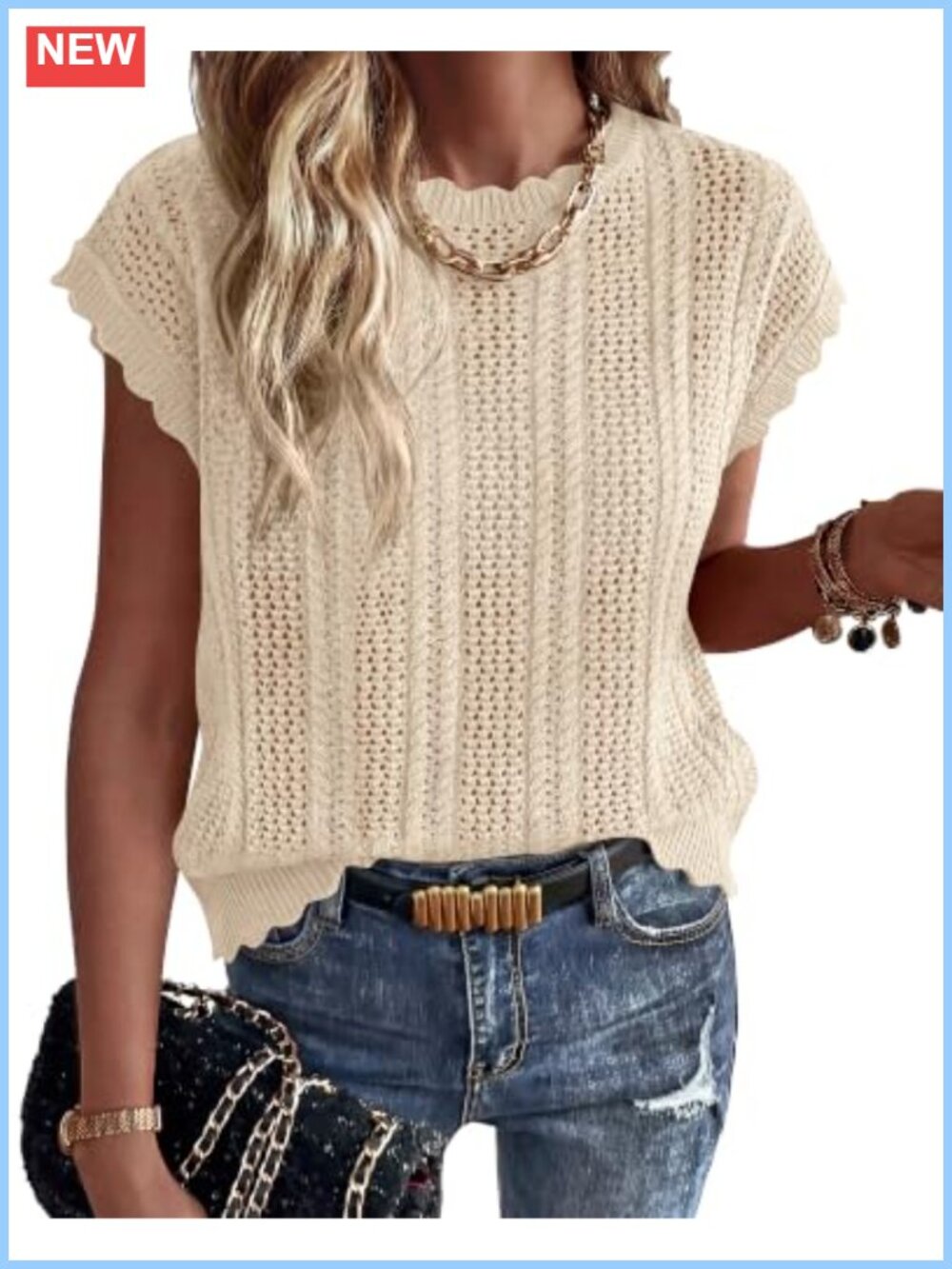Crochet Sweater Vest Womens Short Sleeve Cotton Blend Knit Top